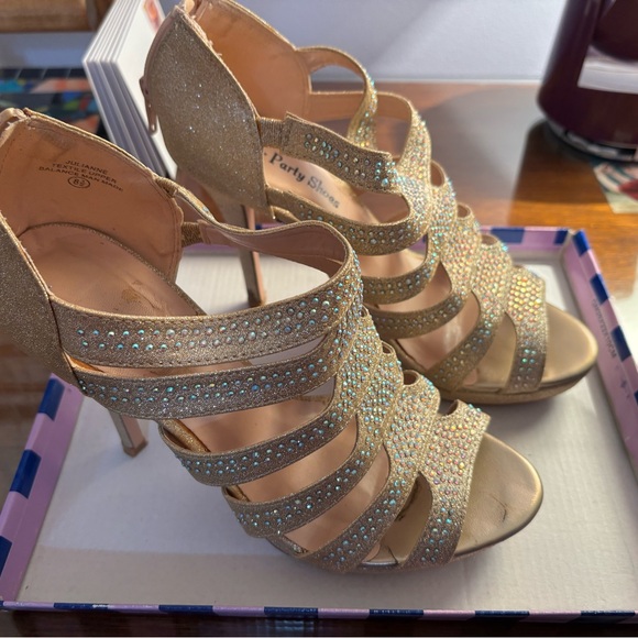 Gold Sparkle Platform Heels w/ Rhinestones - Picture 1 of 8